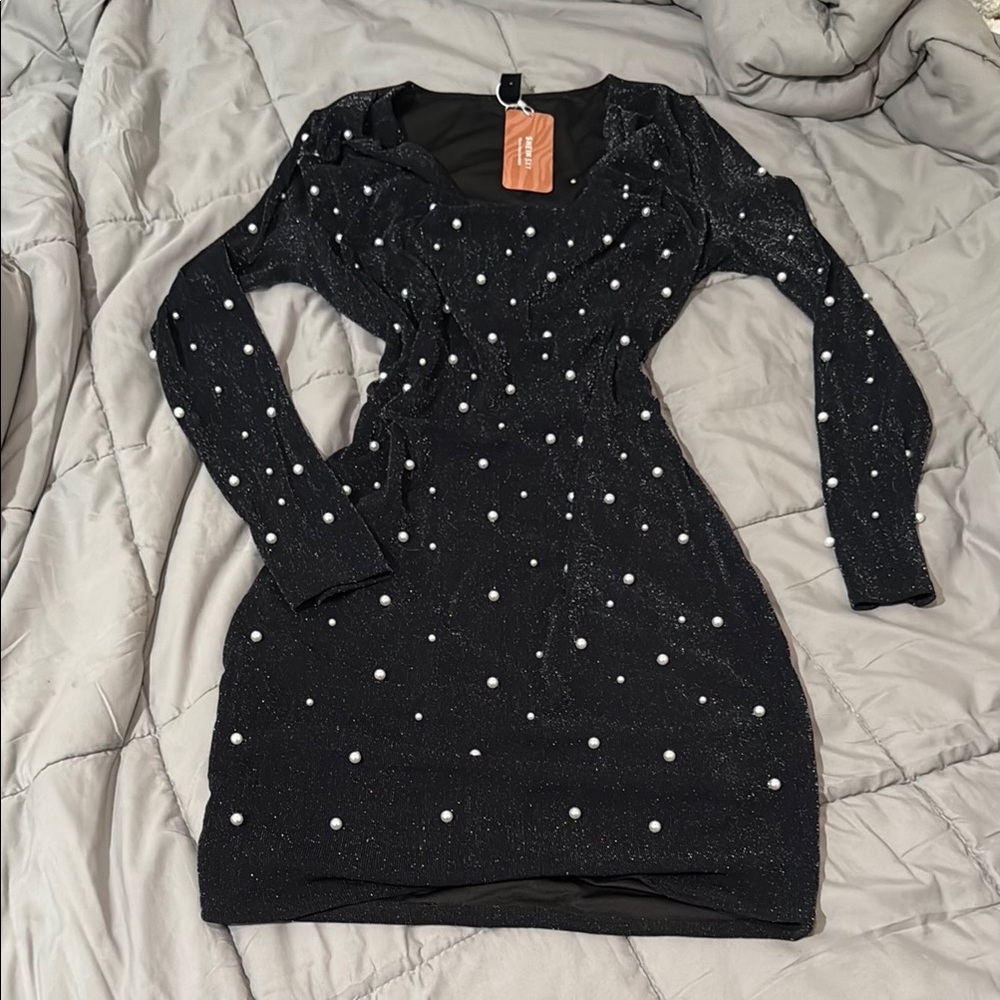 SHEIN Black and White Embellished Ribbed Bodycon Dress